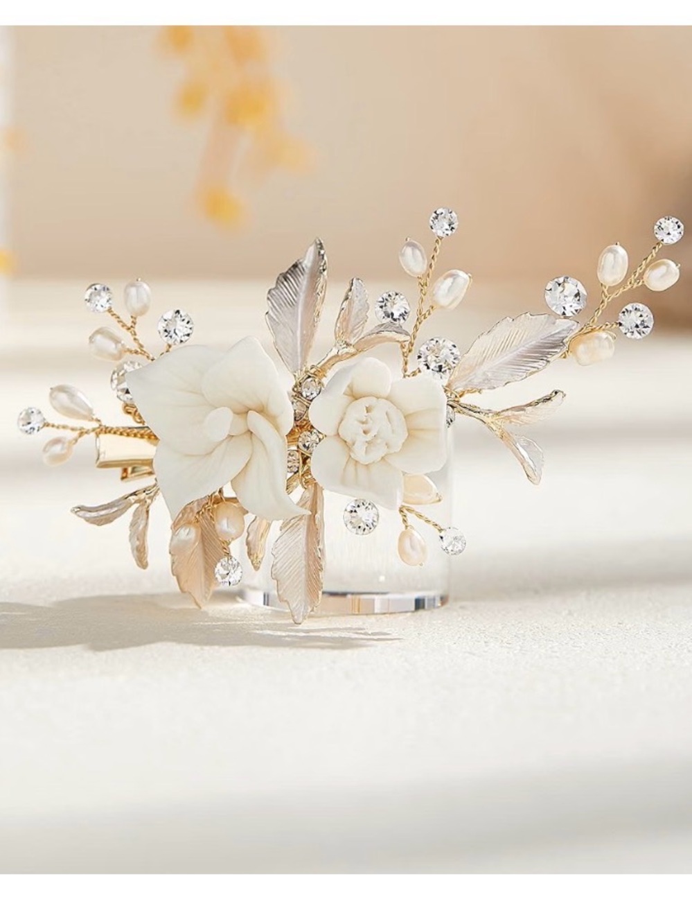 Elegant Cream Floral Hair Clip with Gold Leaves